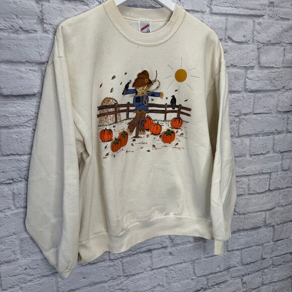 Vintage Jerzees Crewneck Sweatshirt Size L Off White Fall Pumpkin Grandma Scare - Picture 2 of 11